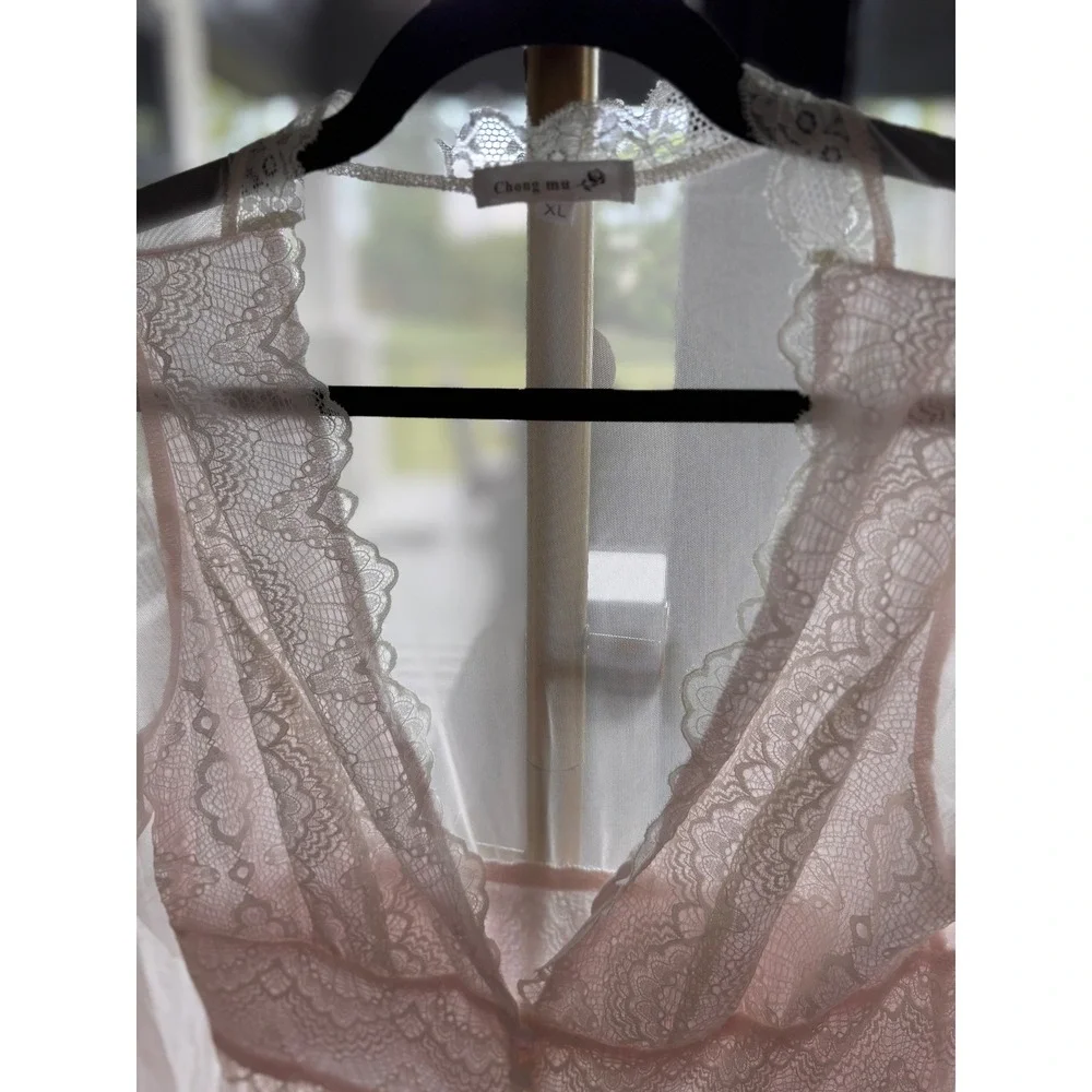Chong mu Pink Sheer Mesh Lace Trim Maxi Robe Bridal Lingerie XL Long‎ Sleeve